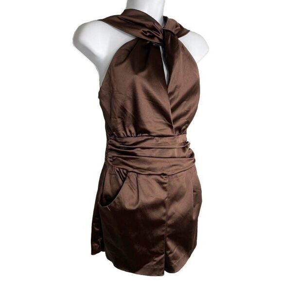 Bebe Brown Satin Halter Knot Front Stretch Romper Jumper‎ Sz 4 - Picture 3 of 8